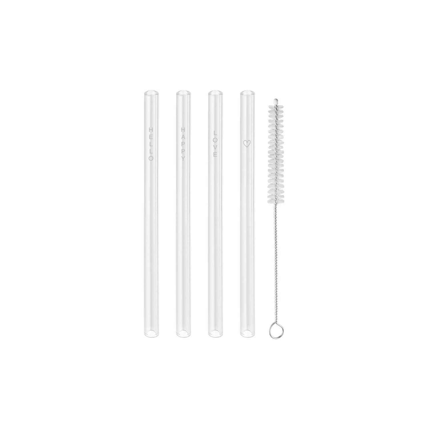 Eulenschnitt Strohhalme Glas Hello Love 4 Stück + Bürste